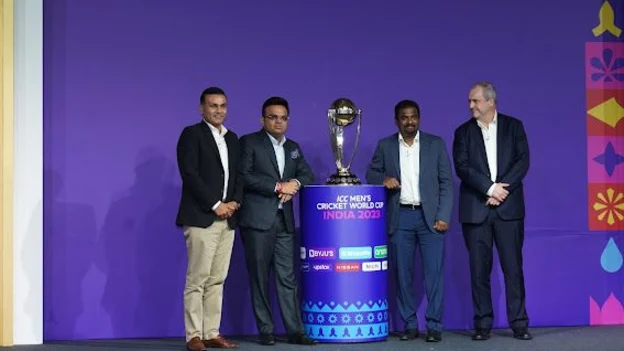 Virender Sehwag, BCCI Secretary Jay Shah, Muttiah Muralidharan and ICC CEO Geoff Allardice at the #WC2023 event schedule announcement event in Mumbai on Tuesday.