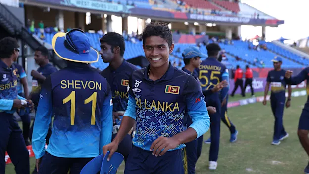 Dunith Wellalage of Sri Lanka celebrates victory during the ICC U19 Men's Cricket World Cup match between South Africa and Sri Lanka at Sir Vivian Richards Stadium on January 30, 2022 in Antigua, Antigua and Barbuda.