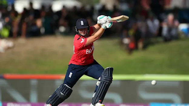 Alice Capsey of England plays a shot during the ICC Women's T20 World Cup group B match between Ireland and England at Boland Park on February 13, 2023 in Paarl, South Africa.