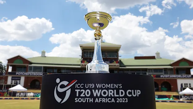 A general view of the trophy prior to the ICC Women's U19 T20 World Cup 2023 Final at JB Marks Oval on January 28, 2023 in Potchefstroom, South Africa.