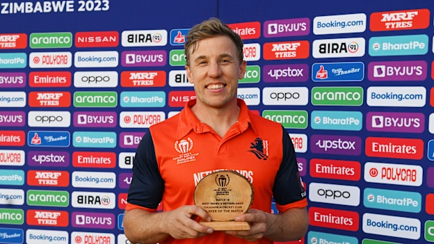 Logan van Beek of Netherlands poses for a photo while holding the Player of the Match award after the teams victory in the Super Over of the ICC World Cup Qualifier Zimbabwe 2023 match between the West Indies and Netherlands on June 26, 2023.