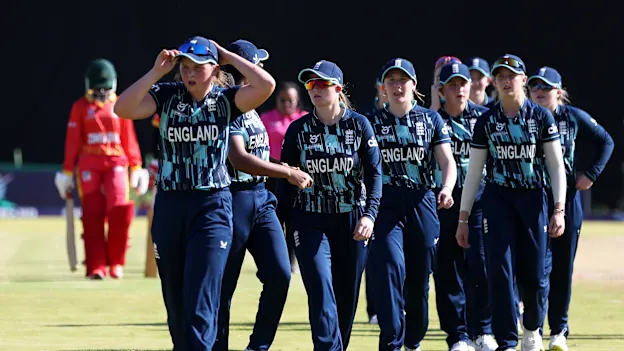 Grace Scrivens of England leads England off following the ICC Women's U19 T20 World Cup 2023 match between England and Zimbabwe at JB Marks Oval on January 15, 2023 in Potchefstroom, South Africa.