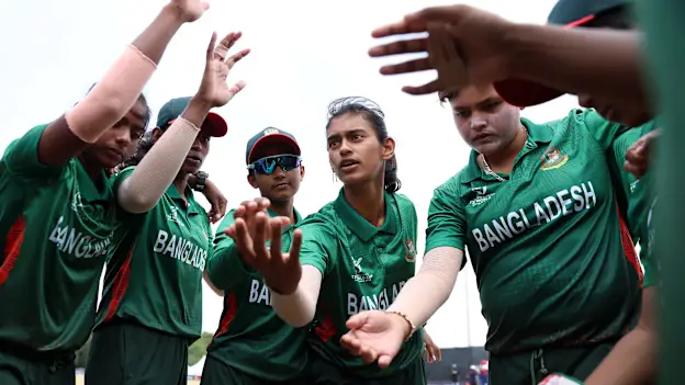 Players of Bangladesh huddle during the ICC Women's U19 T20 World Cup 2023 Super 6 match between UAE and Bangladesh at North-West University Oval on January 25, 2023 in Potchefstroom, South Africa.