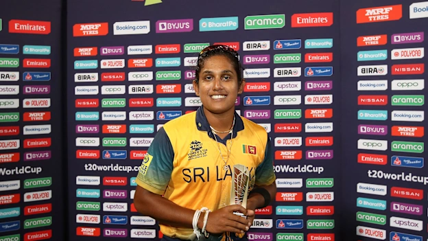 Chamari Athapaththu of Sri Lanka poses after being named Player of the Match following the ICC Women's T20 World Cup group A match between South Africa and Sri Lanka at Newlands Stadium on February 10, 2023 in Cape Town, South Africa.