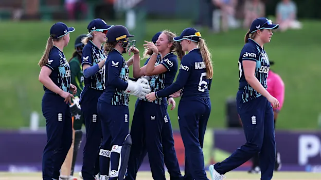 Hannah Baker of England celebrates the wicket of Shawaal Zulfiqar of Pakistan during the ICC Women's U19 T20 World Cup 2023 match between England and Pakistan at JB Marks Oval on January 17, 2023 in Potchefstroom, South Africa.
