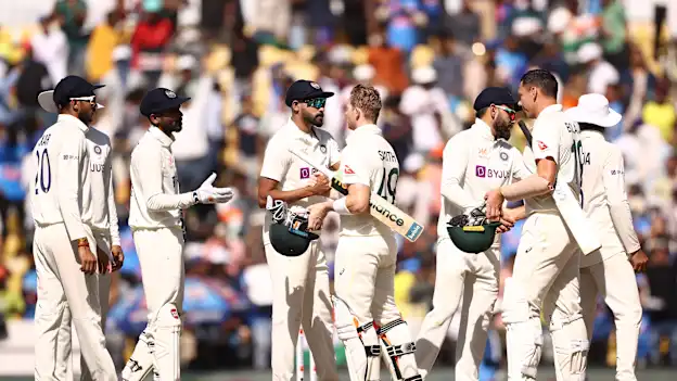 Players shake hands after India defeated Australia during day three of the First Test match in the series between India and Australia at Vidarbha Cricket Association Ground on February 11, 2023 in Nagpur, India.
