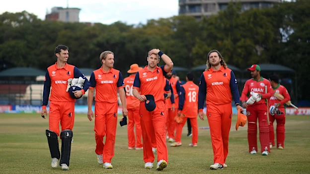 Scott Edwards, Bas de Leede, Max O'Dowd and Logan van Beek of Netherlands lead their side off following the ICC Men's Cricket World Cup Qualifier Zimbabwe 2023 Super 6 match between Netherlands and Oman at Harare Sports Club on July 03, 2023.