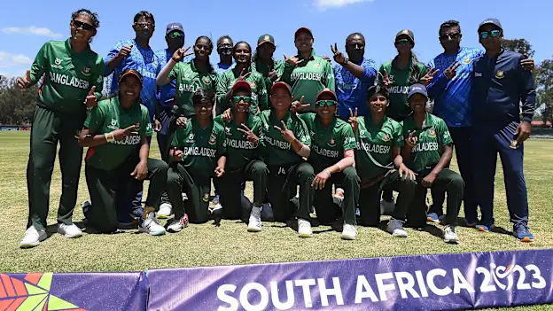 Players of Bangladesh pose for a group photograph after the ICC Women's U19 T20 World Cup 2023 match between and at Willowmoore Park on January 16, 2023 in Benoni, South Africa.