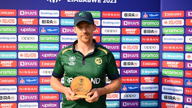 Craig Young of Ireland poses after being named Player of the Match following the ICC Men's Cricket World Cup Qualifier Zimbabwe 2023 Playoff match between Ireland and USA at Takashinga Cricket Club on June 30, 2023 in Harare, Zimbabwe.