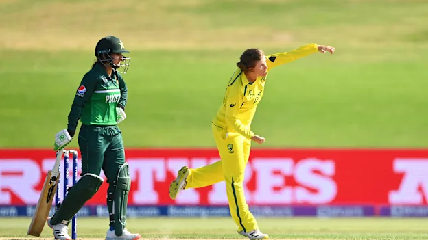 Jess Jonassen of Australia bowls during the 2022 ICC Women's Cricket World Cup match between Australia and Pakistan at Bay Oval on March 08, 2022 in Tauranga, New Zealand.