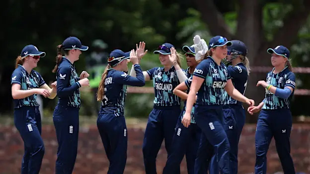 Players of England celebrate the wicket of Henriette Therese Ishimwe of Rwanda during the ICC Women's U19 T20 World Cup 2023 match between England and Rwanda at North-West University Oval on January 19, 2023 in Potchefstroom, South Africa.