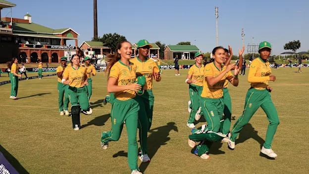 Players of South Africa celebrate following the ICC Women's U19 T20 World Cup 2023 Super 6 match between Bangladesh and South Africa at JB Marks Oval on January 21, 2023 in Potchefstroom, South Africa.