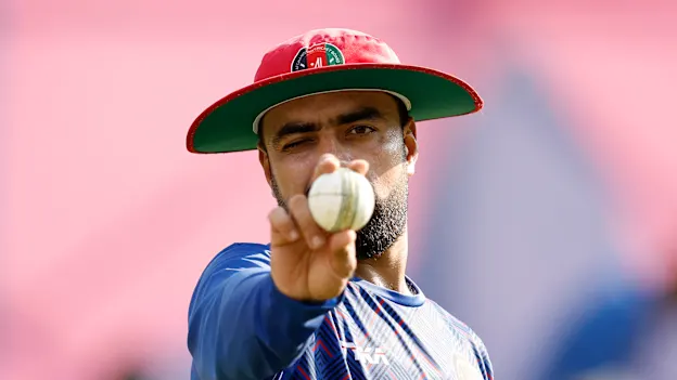 Rashid Khan Arman of Afghanistan bowls in the nets at HPCA Stadium in Dharamsala during a training session on October 06, 2023 in Dharamsala