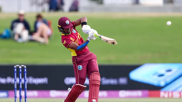 Hayley Matthews of the West Indies bats during the 2022 ICC Women's Cricket World Cup match between New Zealand and the West Indies at Bay Oval on March 04, 2022 in Tauranga, New Zealand.