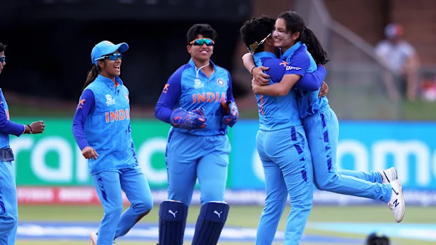 Renuka Thakur of India celebrates the wicket of Orla Prendergast of Ireland during the ICC Women's T20 World Cup group B match between India and Ireland at St George's Park on February 20, 2023 in Gqeberha, South Africa.