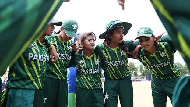 Aroob Shah of Pakistan speaks to their side in the huddle during the ICC Women's U19 T20 World Cup 2023 match between Zimbabwe and Pakistan at North-West University Oval on January 19, 2023 in Potchefstroom, South Africa.