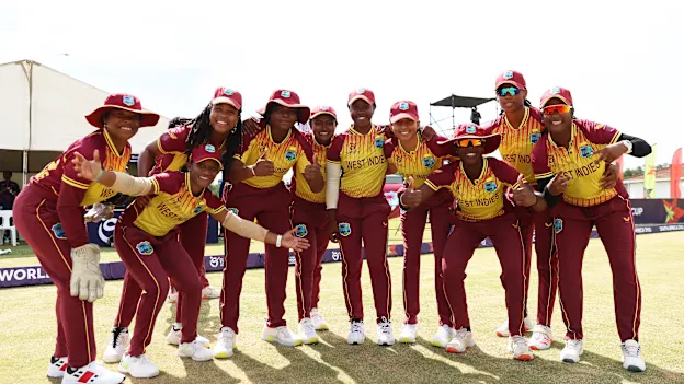 Players of West Indies pose for a photo during the ICC Women's U19 T20 World Cup 2023 match between West Indies and Indonesia at North-West University Oval on January 17, 2023 in Potchefstroom, South Africa.