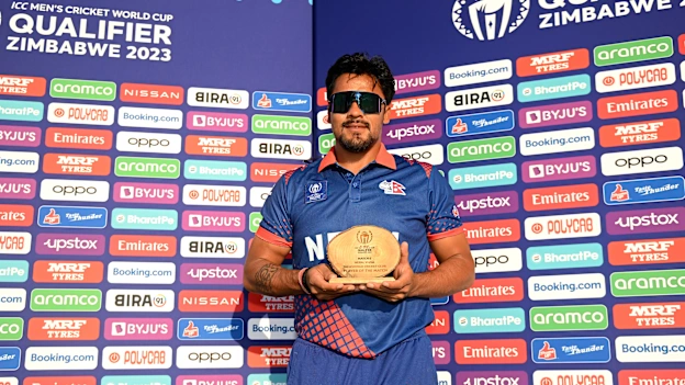 Karan KC of Nepal poses after being named Player of the Match following the ICC Men's Cricket World Cup Qualifier Zimbabwe 2023 match between Nepal and USA at Takashinga Cricket Club on June 20, 2023 in Harare, Zimbabwe.