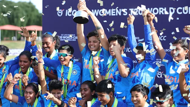 Shafali Verma of India lifts the ICC Women's U19 T20 World Cup Trophy following the ICC Women's U19 T20 World Cup 2023 Final match between India and England at JB Marks Oval on January 29, 2023 in Potchefstroom, South Africa.