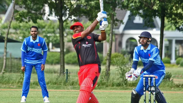 Mudassar Muhammad hits a massive six to bring Germany victory over France at the ICC Europe Division 1 Tournament in Voorburg, The Netherlands