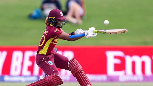Hayley Matthews of the West Indies bats during the 2022 ICC Women's Cricket World Cup match between New Zealand and the West Indies at Bay Oval on March 04, 2022 in Tauranga, New Zealand.