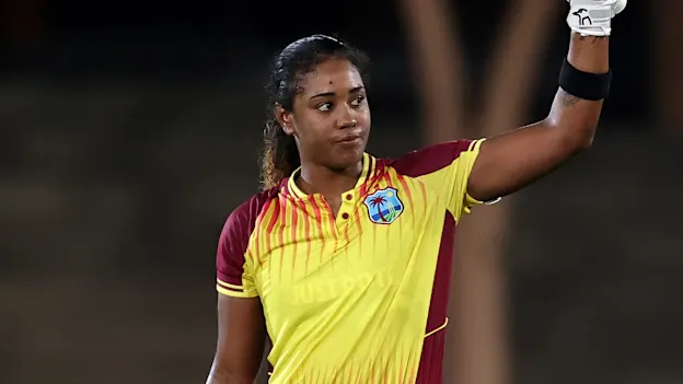 Hayley Matthews of the West Indies celebrates scoring a century during game two of the T20 International series between Australia and the West Indies