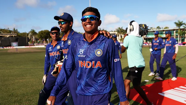 Yash Dhull of India celebrates following the ICC U19 Men's Cricket World Cup Super League Semi Final 2 match between India and Australia at Coolidge Cricket Ground on February 02, 2022 in Antigua, Antigua and Barbuda.