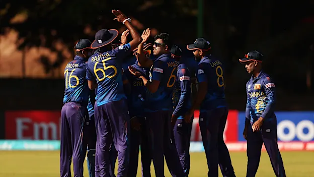 Mahesh Theekshana of Sri Lanka celebrates with teammates after dismissing Jack Jarvis of Scotland by lbw during the ICC Men's Cricket World Cup Qualifier Zimbabwe 2023 match between the Sri Lanka and Scotland at Queen’s Sports Club on June 27, 2023.
