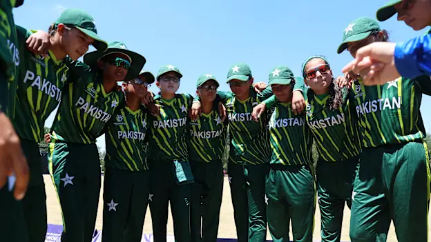 Players of Pakistan huddle during the ICC Women's U19 T20 World Cup 2023 Super 6 match between Pakistan and Ireland at North-West University Oval on January 23, 2023 in Potchefstroom, South Africa.