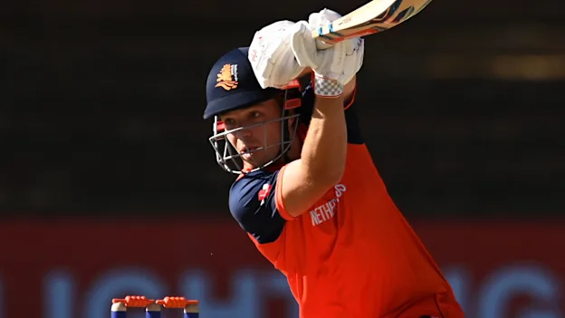 Bas de Leede of Netherlands plays a shot during the ICC Men's Cricket World Cup Qualifier Zimbabwe 2023 Super 6 match between Scotland and Netherlands (2)