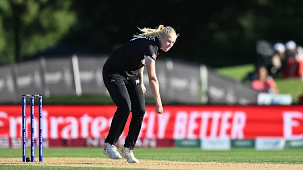 Hannah Rowe of New Zealand bowls during the 2022 ICC Women's Cricket World Cup match between New Zealand and Pakistan at Hagley Oval on March 26, 2022 in Christchurch, New Zealand.
