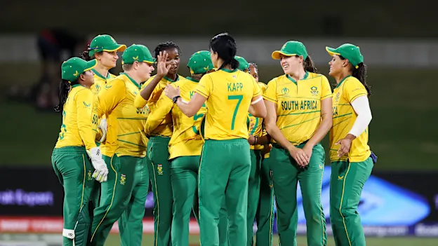 South Africa celebrate the win during the 2022 ICC Women's Cricket World Cup match between Pakistan and South Africa at Bay Oval on March 11, 2022 in Tauranga, New Zealand.