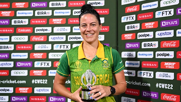 Marizanne Kapp of South Africa poses with the Player of the Match award after the 2022 ICC Women's Cricket World Cup match between South Africa and England at Bay Oval on March 14, 2022 in Tauranga, New Zealand.