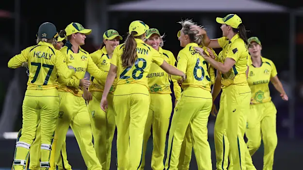 Ashleigh Gardner of Australia celebrates the wicket of Eden Carson of New Zealand for their fifth wicket during the ICC Women's T20 World Cup group A match between Australia and New Zealand at Boland Park on February 11, 2023 in Paarl, South Africa.