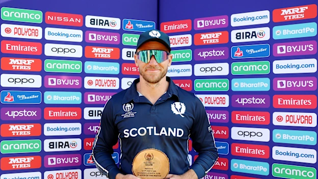 Richard Berrington of Scotland poses for a photograph with the Player of the Match award after the ICC Men´s Cricket World Cup Qualifier Zimbabwe 2023 match between Scotland and UAE at Bulawayo Athletic Club on June 23, 2023 in Bulawayo, Zimbabwe.