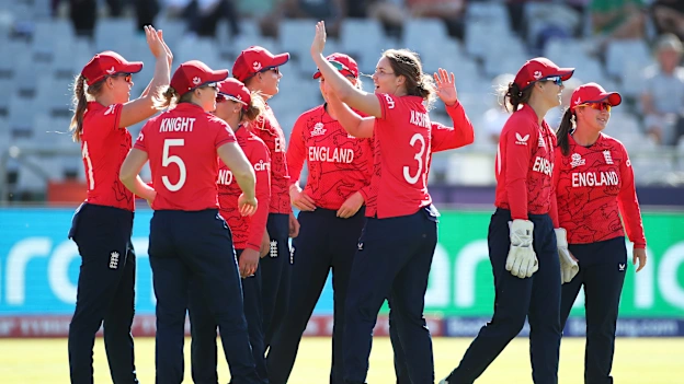 Nat Sciver-Brunt of England celebrates the wicket of Umaima Sohail of Pakistan during the ICC Women's T20 World Cup group B match between England and Pakistan at Newlands Stadium on February 21, 2023 in Cape Town, South Africa.