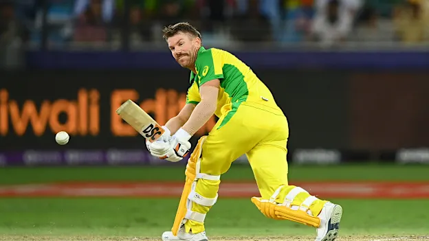David Warner of Australia plays a shot during the ICC Men's T20 World Cup final match between New Zealand and Australia