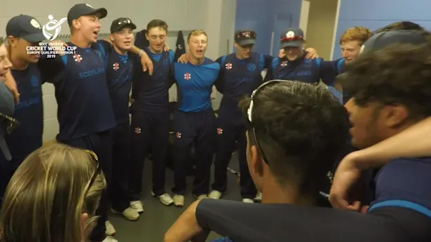 Scotland U19s celebrate qualifying for the U19 Cricket World Cup with a redition of Flower of Scotland