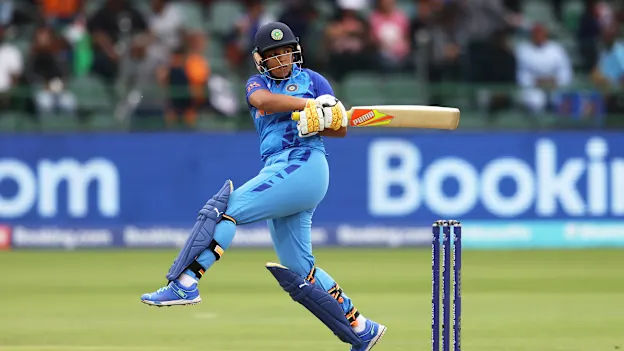 Richa Ghosh of India plays a shot during the ICC Women's T20 World Cup group B match between England and India at St George's Park on February 18, 2023 in Gqeberha, South Africa.