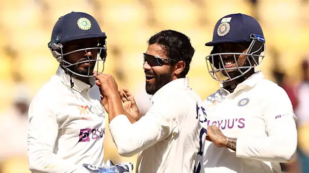 Ravindra Jadeja of India celebrates taking the wicket of Pat Cummins of Australia during day three of the First Test match in the series between India and Australia at Vidarbha Cricket Association Ground on February 11, 2023 in Nagpur, India.