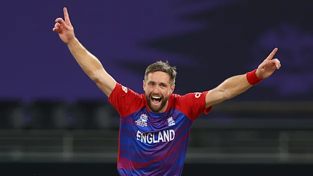 Chris Woakes of England celebrates the wicket of Glenn Maxwell of Australia during the ICC Men's T20 World Cup match between Australia and England at Dubai International Stadium on October 30, 2021 in Dubai, United Arab Emirates.