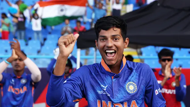 Yash Dhull of India reacts during the ICC U19 Men's Cricket World Cup Final match between England and India at Sir Vivian Richards Stadium on February 05, 2022 in Antigua, Antigua and Barbuda.