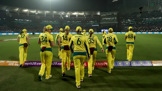 Players of Australia arrive on the ground for the start of game two of the women's T20I series between India and Australia at DY Patil Stadium