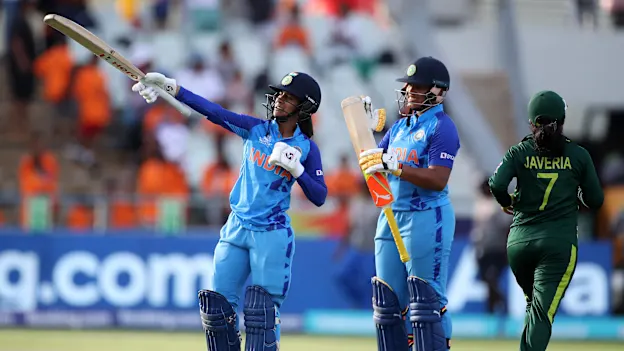 Jemimah Rodrigues and Richa Ghosh of India celebrate following the ICC Women's T20 World Cup group B match between India and Pakistan at Newlands Stadium on February 12, 2023 in Cape Town, South Africa.