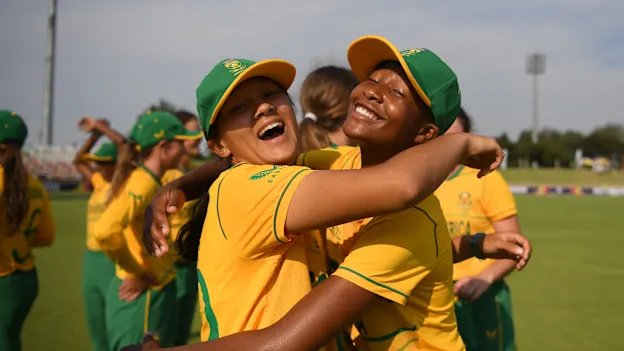 Ayanda Hlubi of South Africa celebrates following the ICC Women's U19 T20 World Cup 2023 match between South Africa and UAE at Willowmoore Park on January 18, 2023 in Benoni, South Africa.