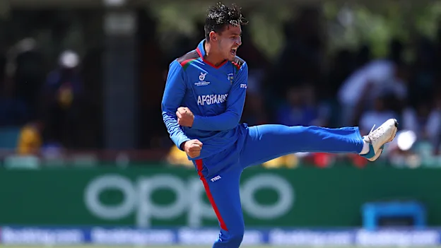 Noor Ahmad Lakanwal of Afghanistan celebrates bowling Bryce Parsons of South Africa for LBW during the ICC U19 Cricket World Cup Group D match between South Africa and Afghanistan at De Beers Diamond Oval on January 17, 2020 in Kimberley, South Africa.
