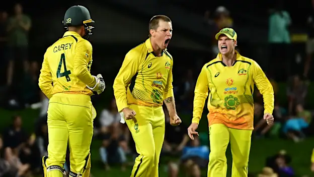 Adam Zampa of Australia reacts after taking the wicket of Daryl Mitchell Of New Zealand during game two of the One Day International Series between Australia and New Zealand