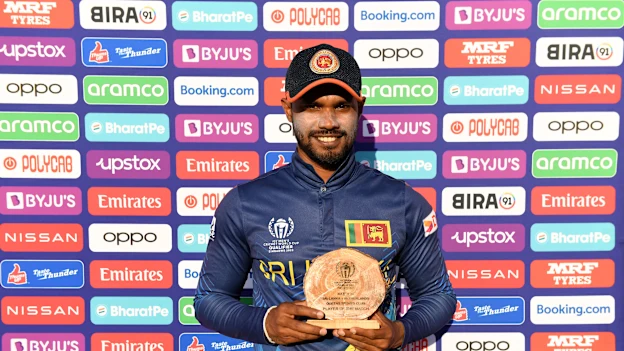 Dhananjaya de Silva of Sri Lanka poses after being named Player of the Match following the ICC Men's Cricket World Cup Qualifier Zimbabwe 2023 Super 6 match between Sri Lanka and Netherlands at Queen’s Sports Club on June 30, 2023 in Bulawayo, Zimbabwe.