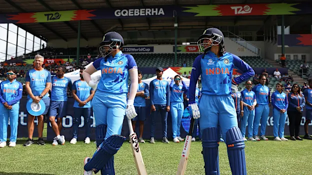 Shafali Verma and Smriti Mandhana of India make their way out to bat during the ICC Women's T20 World Cup group B match between India and Ireland at St George's Park on February 20, 2023 in Gqeberha, South Africa.