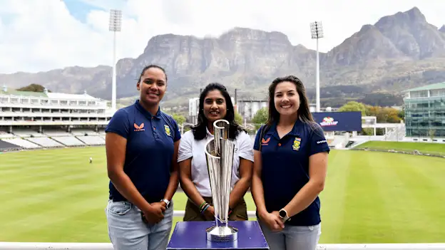 Lara Goodall, Mithali Raj and Sune Luus with the ICC Women's T20 World Cup Trophy at Newlands Cricket Ground